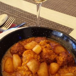 La Bodeguita - Albondigas con papas fritas. Fantastic sauce they are in. Cold white wine on a warm day, excellent lunch.