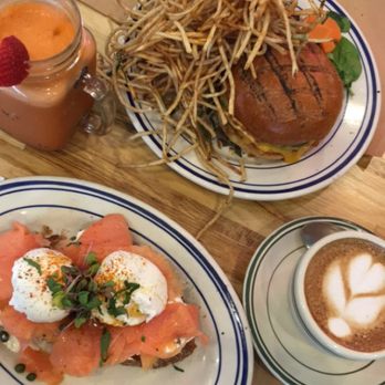 The Corner - Smoked salmon with poached egg on toast, The Corner burger, cappuccino, Bee's Knee's juice - Cafes Near Me - Montclair, New Jersey