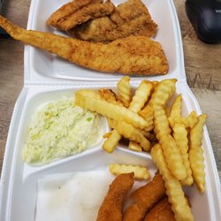 Southern Style Barbecue & Fried Chicken - Small fish plate w/ fries, coleslaw & hushpuppies
