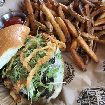 Dierks Bentley's Whiskey Row Gilbert - Mushroom burger with crispy onions on top and garlic fries - Bars Near Me - Gilbert, Arizona Dierks Bentley's Whiskey Row Gilbert - Mushroom burger with crispy onions on top and garlic fries - Bars Near Me - Gilbert, Arizona