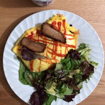 Azay - Kakuni Omurice (Pork belly omelette rice): Rice, Japanese braised pork belly, egg, ketchup, onions, peas, side salad. - Japanese Near Me - Los Angeles, California