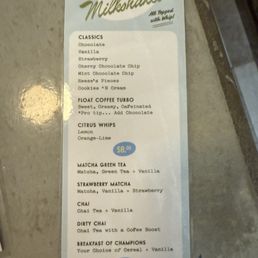 Milkshake menu 8/24/25