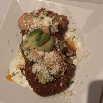 Tapas 177 Lounge - Fried green tomatoes Panko coated with grilled shrimp avocado salad cilantro sour cream, guajilo chili oil, cotica cheese - Tapas/Small Plates Near Me - Rochester, New York