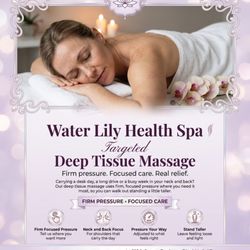 Water Lily Health Spa - A traditional Swedish massage utilizing a system of techniques specially created to relax muscles by
applying pressure to inc...