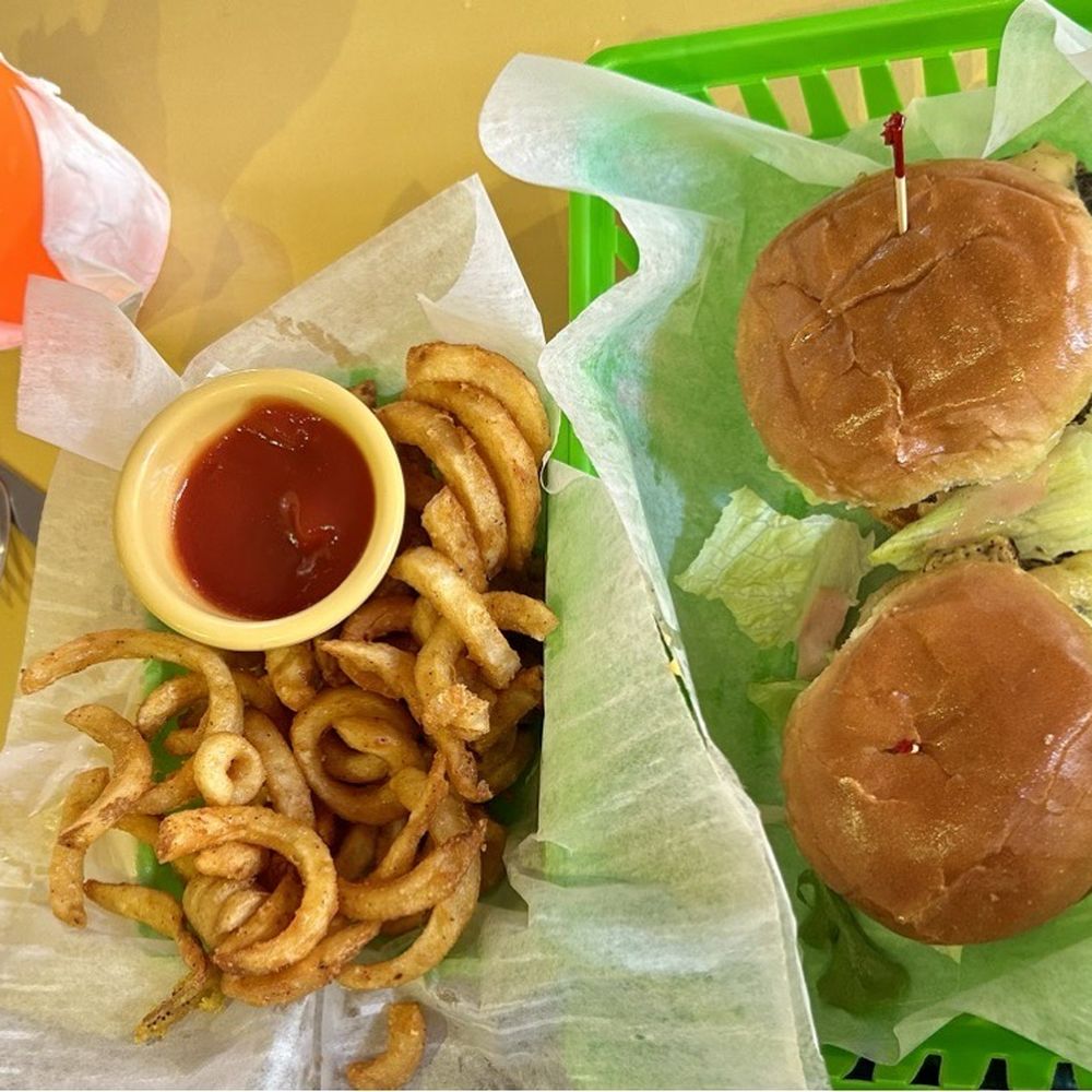 Duffy's - Curly fries and Duffy's "Double Double" - two burgers, just a bit larger than sliders - Coffee & Tea Near Me - Vieques, Puerto Rico