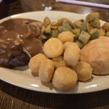 Oskar's Cafe - Hamburger Steak with Corn Nuggets and Fried Okra - Seafood Near Me - Dadeville, Alabama Oskar's Cafe - Hamburger Steak with Corn Nuggets and Fried Okra - Seafood Near Me - Dadeville, Alabama