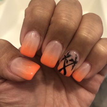 Miya Nail Spa - Orange ombré with palm trees - Nail Salons Near Me - Staten Island, New York Miya Nail Spa - Orange ombré with palm trees - Nail Salons Near Me - Staten Island, New York