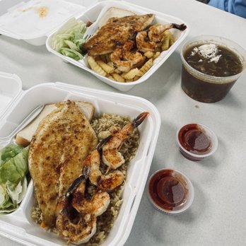 Tracy's Seafood Deli - Grilled shrimp and grilled red snapper with a bowl of gumbo. - Seafood Near Me - Port Arthur, Texas Tracy's Seafood Deli - Grilled shrimp and grilled red snapper with a bowl of gumbo. - Seafood Near Me - Port Arthur, Texas