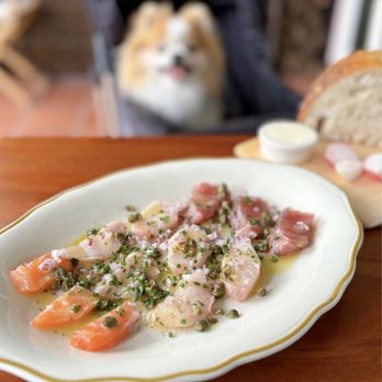 Clark's Oyster Bar - Crudo Plate w/ salmon, hamachi, tuna ($25) + Bomb House Sourdough (complimentary) - Desserts Near Me - Menlo Park, California Clark's Oyster Bar - Crudo Plate w/ salmon, hamachi, tuna ($25) + Bomb House Sourdough (complimentary) - Desserts Near Me - Menlo Park, California