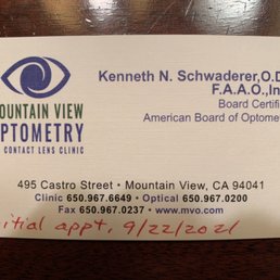 Business Card of Kevin Schwaderer. O.D., F.A.A.O., Inc.