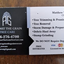 Against The Grain Tree Care - Here's their business card. Call them if you need expert tree service!!