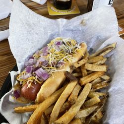 83 & Chestnut Pub and Eatery - big ass chili dog!  The fries are the best. Popular joint.