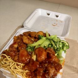 Packed! 3 entree (vegetables, fish, and orange chicken)