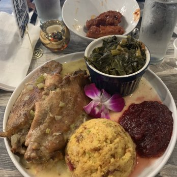 Sweet T's Southern Eatery - Turkey wing entree with stuffing, collard greens and cranberry sauce. - Soul Food Near Me - Montclair, New Jersey Sweet T's Southern Eatery - Turkey wing entree with stuffing, collard greens and cranberry sauce. - Soul Food Near Me - Montclair, New Jersey