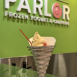 The Parlor Frozen Yogurt & Creperie - Crepe Cone ! Vanilla strawberry coconut white chocolate