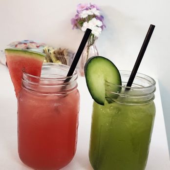 Canela Caffe - Aquas frescas Sandia and Pepinada (watermelon and cucumber lemonade) - Breakfast & Brunch Near Me - Rosharon, Texas