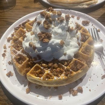 Chris' Pancake & Dining - Belgium waffle with candied pecans and whipped cream - Breakfast & Brunch Near Me - St. Louis, Missouri