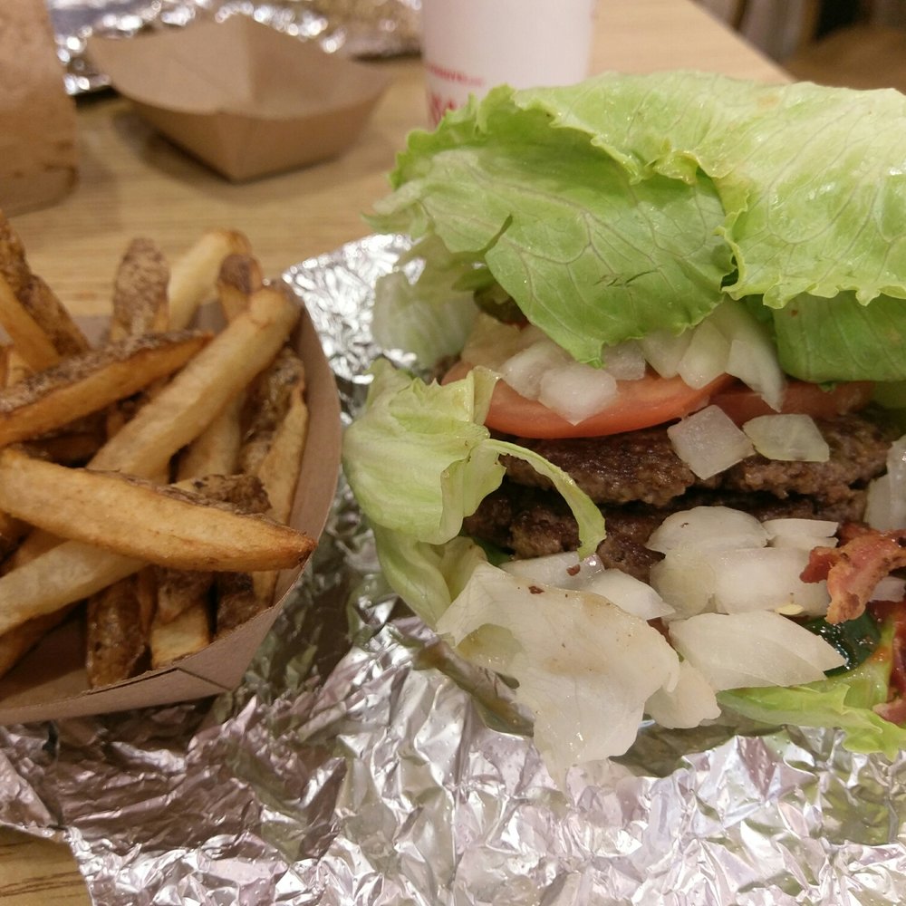 Five Guys - Lettuce-wrapped bacon burger. Lettuce instead of bread/bun for those of us on a gluten-free or carb-free diet. - Burgers Near Me - Germantown, Maryland Five Guys - Lettuce-wrapped bacon burger. Lettuce instead of bread/bun for those of us on a gluten-free or carb-free diet. - Burgers Near Me - Germantown, Maryland
