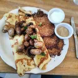 Original Pancake House - Mushroom crepes - no filling within the crepes, and a sweet batter: No. Came with side of potato pancakes?