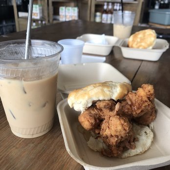 Babe's Doughnut - Honey-butter chicken biscuit & vanilla iced latte - Donuts Near Me - Bryan, Texas Babe's Doughnut - Honey-butter chicken biscuit & vanilla iced latte - Donuts Near Me - Bryan, Texas
