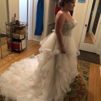 Sarah Finer - From the side. Bust taken in, hemmed perfect in the front with flowing train in the back! SWOON!! - Sewing & Alterations Near Me