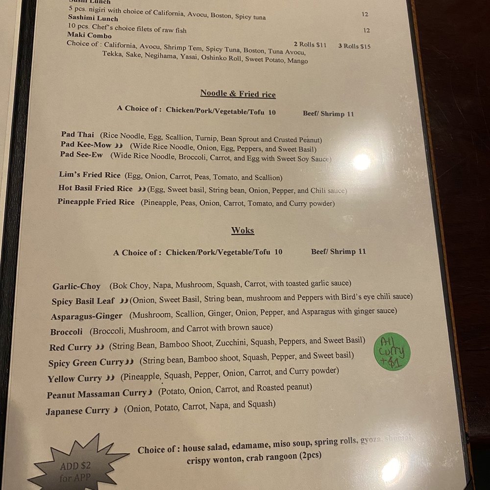 Lim's Fine Thai & Sushi Restaurant - Menu as of 7/28/22 - Japanese Near Me - Providence, Rhode Island