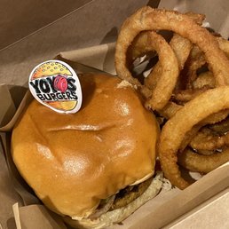 No Moo Vegan Burger with a side of onion rings No Moo Vegan Burger with a side of onion rings