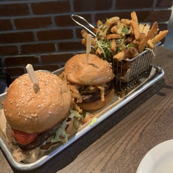 5280 Burger Bar - I Can't Decide with a side of Truffle Fries: The Durango(left) The Queso Fundido(right) - Burgers Near Me - Denver, Colorado