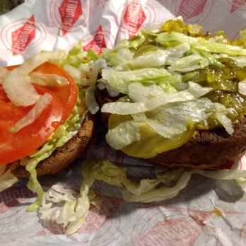 Fatburger & Buffalo's Express - Inside veggie burger with relish, tomato, lettuce - Burgers Near Me - Pasadena, California