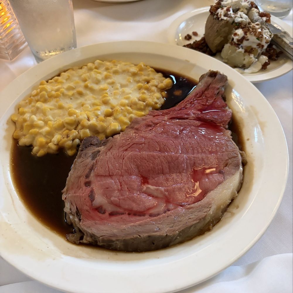 Broadway Prime - This the medium rare Select Cut Prime Rib with cream of corn and baked potato. I had already taken a couple bites of the baked potato. - Steakhouses Near Me - Burlingame, California Broadway Prime - This the medium rare Select Cut Prime Rib with cream of corn and baked potato. I had already taken a couple bites of the baked potato. - Steakhouses Near Me - Burlingame, California