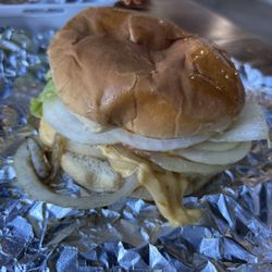 Cook Out - Big Double w/cheese, lettuce, tomato, grilled onions, ketchup, & mustard. Love this burger.