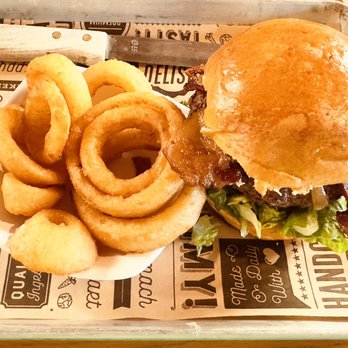 The Peach Cafe - PC burger with bacon and scrumptious onion rings. - New American Near Me - Monrovia, California The Peach Cafe - PC burger with bacon and scrumptious onion rings. - New American Near Me - Monrovia, California