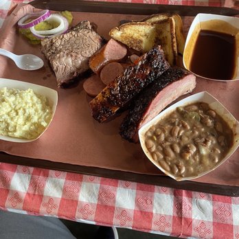 DUNCAN BBQ - 3 meat plate: wet brisket, spicy link, ribs, tater salad, jalapeño beans, house bbq sauce and onions/pickles....all really really good - Barbeque Near Me - Lone Oak, Texas DUNCAN BBQ - 3 meat plate: wet brisket, spicy link, ribs, tater salad, jalapeño beans, house bbq sauce and onions/pickles....all really really good - Barbeque Near Me - Lone Oak, Texas