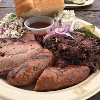 Micklethwait Craft Meats - Three meat plate and brisket sandwich. - Food Trucks Near Me - Austin, Texas