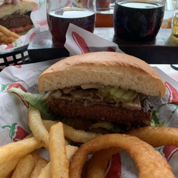 Mt Rushmore Brewing - Beyond Burger with fries and onion rings - Brewpubs Near Me - Custer, South Dakota Mt Rushmore Brewing - Beyond Burger with fries and onion rings - Brewpubs Near Me - Custer, South Dakota