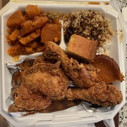 Throwdown Soulfood - Fried chicken, candied yams, rice with gravy, and corn bread.