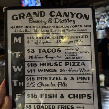 Grand Canyon Brewing + Distillery - Happy Hour / Daily Deals Menu 6/5/2026 - American Near Me - Williams, Arizona