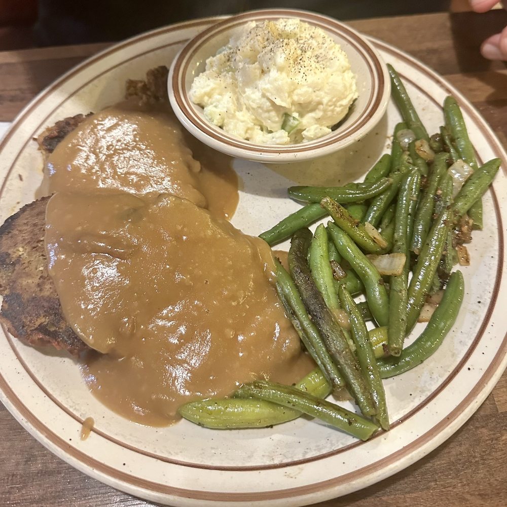 Wagon Wheel Restaurant - Meatloaf with green beans and potato salad - American Near Me - Needles, California Wagon Wheel Restaurant - Meatloaf with green beans and potato salad - American Near Me - Needles, California