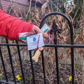 J Palen House - Happy Easter dog bone treats tied to the fence with a note from your dog friends, Olivia and Jilli - Bed & Breakfast Near Me - Cleveland, Ohio J Palen House - Happy Easter dog bone treats tied to the fence with a note from your dog friends, Olivia and Jilli - Bed & Breakfast Near Me - Cleveland, Ohio