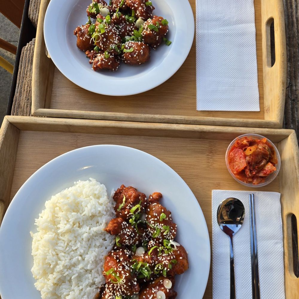 Blossom Bites & Eatery - Side of kimchi with the Sweet and Spicy Rice Bowl and side order of just Chicken - Halal Near Me - Culver City, California
