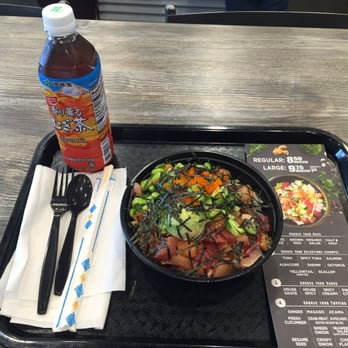 Ahipoki - My large poke bowl with ahi, salmon, albacore and yellowtail and a Ito-En Mugicha - Seafood Near Me - Temple City, California