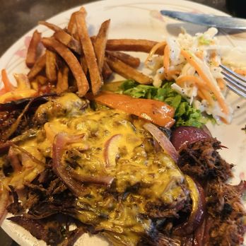 Elm Street Brewing Company - Brisket sandwich (no bun) 1/8 of a basket of fries and 1/4 of the Cole slaw.  Portions were big - Breweries Near Me - Muncie, Indiana