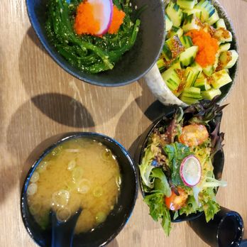 Bleu Bear Sushi - miso, cucumber salad, seaweed salad, regular salad - Sushi Bars Near Me - Bedford, Texas Bleu Bear Sushi - miso, cucumber salad, seaweed salad, regular salad - Sushi Bars Near Me - Bedford, Texas
