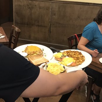 Brunch Cafe-Niles - Our orders - eggs Benedict and a stuffed potato pancake, and steak skillet - all huge portions and yummy!! - Breakfast & Brunch Near Me - Niles, Illinois