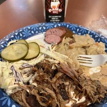 DAMO BBQ - a plate of pulled pork, coleslaw, coleslaw, and pickles - Caterers Near Me - Sleepy Hollow, Illinois