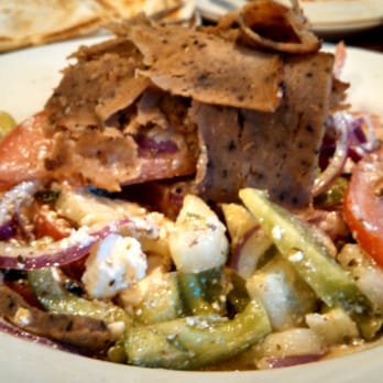 The Town Cafe - Greek Village Salad with housemade oregano vinaigrette, gyro meat, and pita bread ~ tasty! - Breakfast & Brunch Near Me - Sun Valley, California The Town Cafe - Greek Village Salad with housemade oregano vinaigrette, gyro meat, and pita bread ~ tasty! - Breakfast & Brunch Near Me - Sun Valley, California