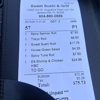 Sweet Sushi & Grill - Bill total - Japanese Near Me - Jacksonville, Florida Sweet Sushi & Grill - Bill total - Japanese Near Me - Jacksonville, Florida