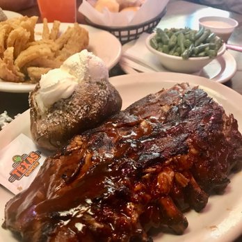 Texas Roadhouse - Half rack ribs , baked potato, green beans, bread, lemonade& cactus blossom - Barbeque Near Me - Rialto, California