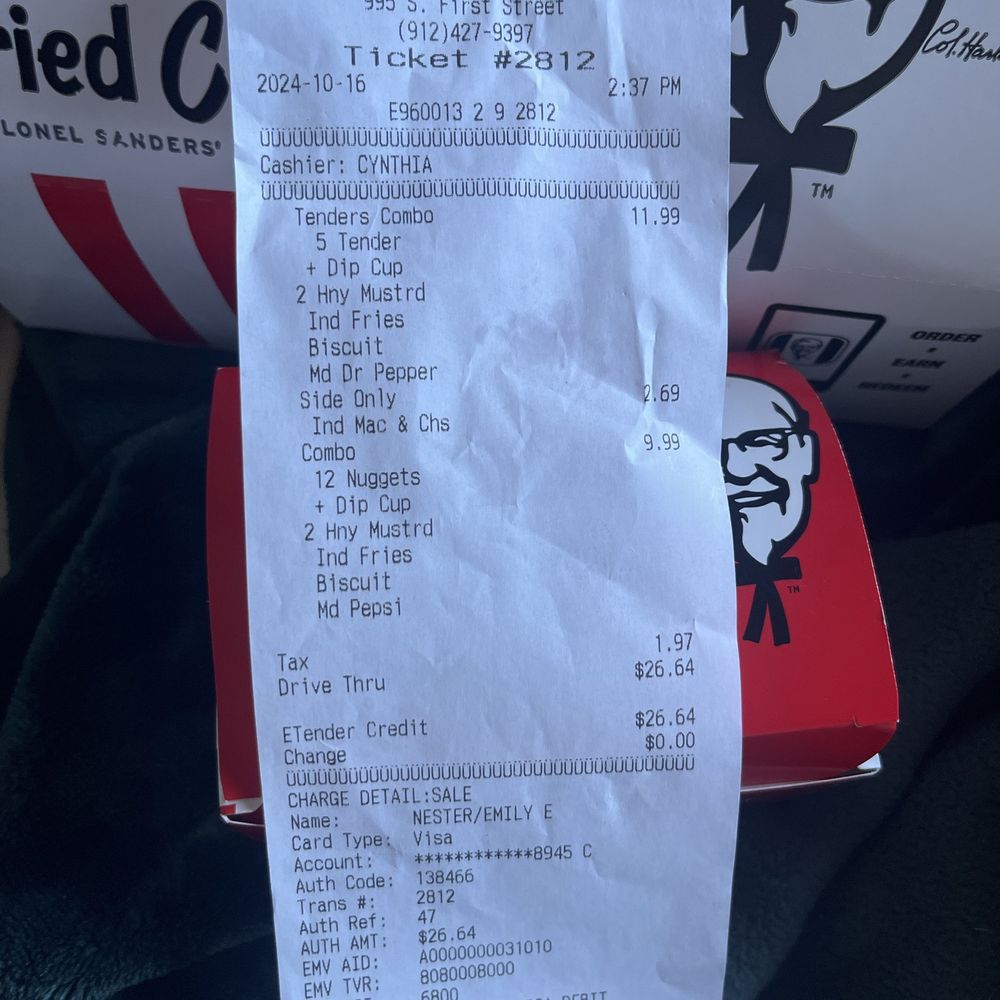 KFC - The receipt with what I ordered - Fast Food Near Me - Jesup, Georgia KFC - The receipt with what I ordered - Fast Food Near Me - Jesup, Georgia