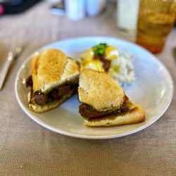JT's Steakhouse - Steak Sandwich with Chimichurri sauce and Loaded Mashed Potatoes. 10/10...